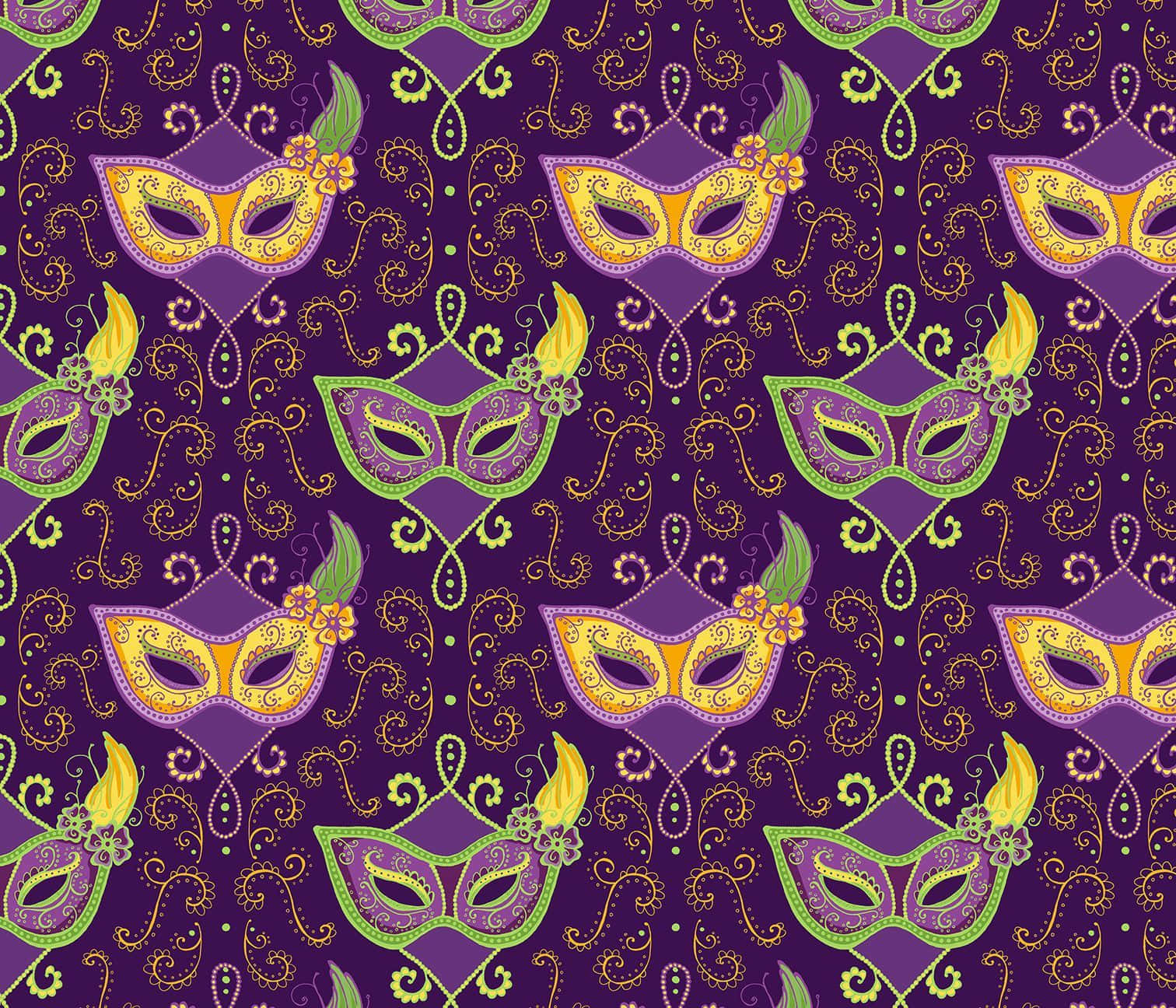 Mardi Gras Masks Pattern On Purple Background