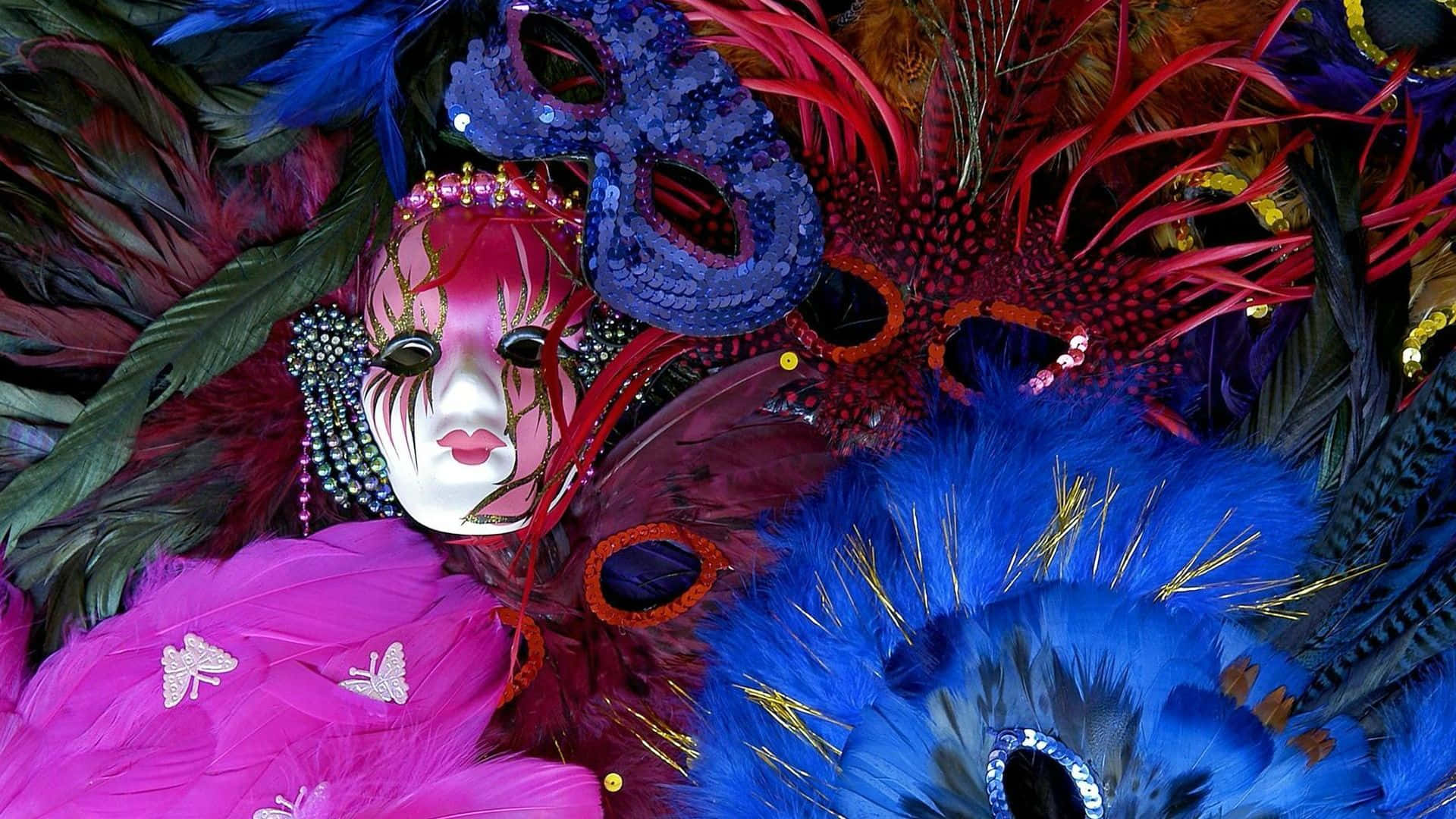 A Group Of Colorful Masks And Feathers