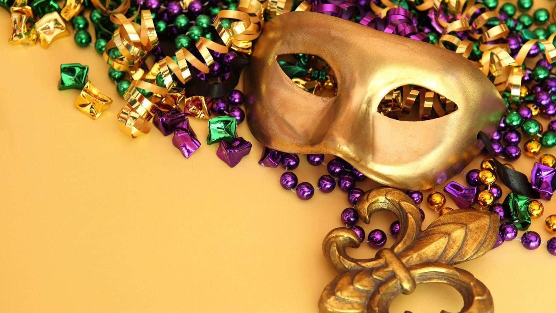 Mardi Gras Mask And Beads On A Yellow Background