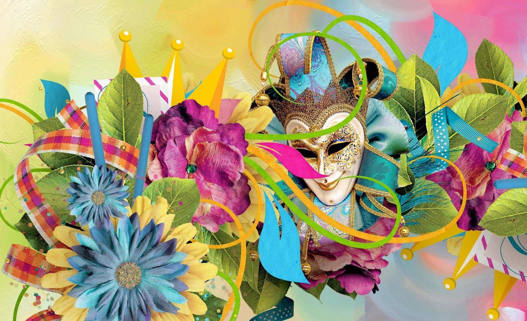 A Colorful Mask With Flowers And Leaves