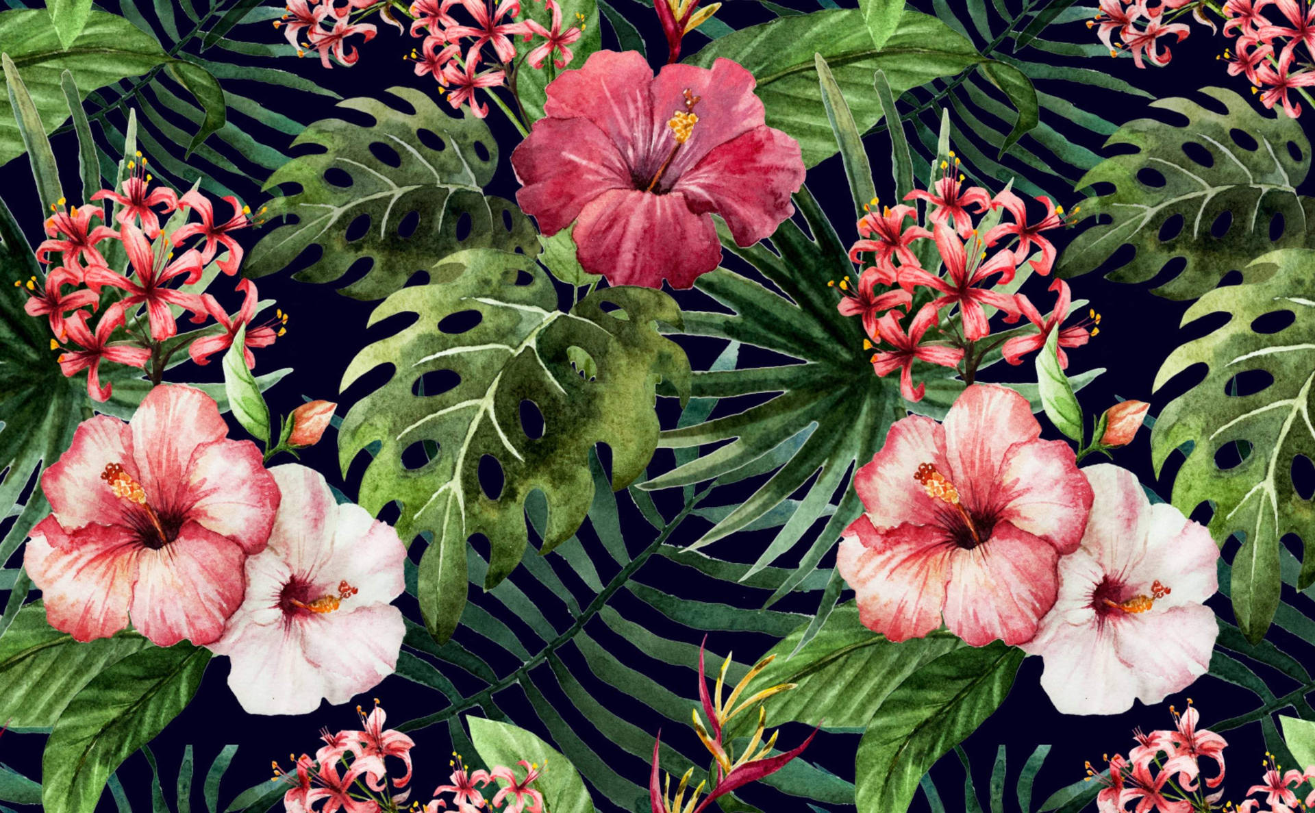 Margaritaville's Hibiscus Flowers And Philodendron Leaves Wallpaper