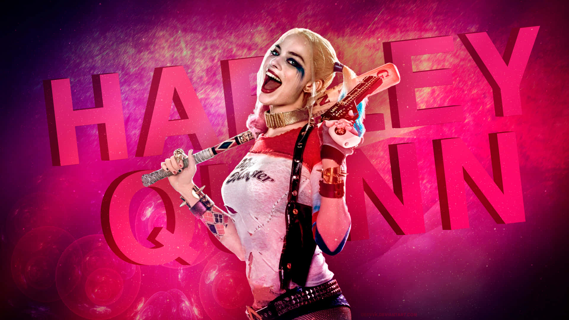 Margotrobbie Levererar Den Maniska Energin Av Harley Quinn På Ett Imponerande Sätt På Datorskärmen Eller Mobiltelefonens Bakgrundsbild. Wallpaper