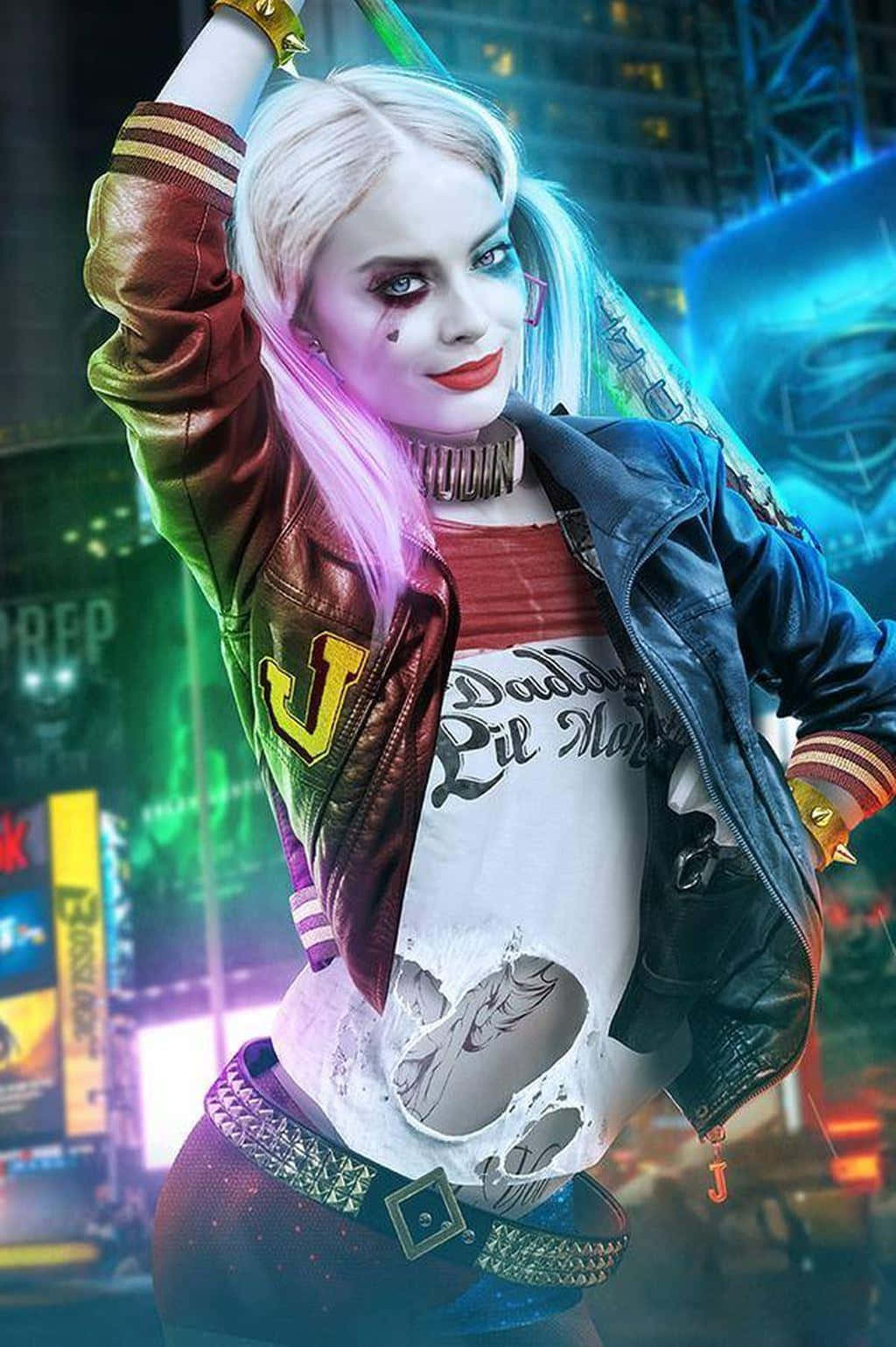 Margot Robbie i hendes ikoniske rolle som Harley Quinn pryder denne tapet. Wallpaper