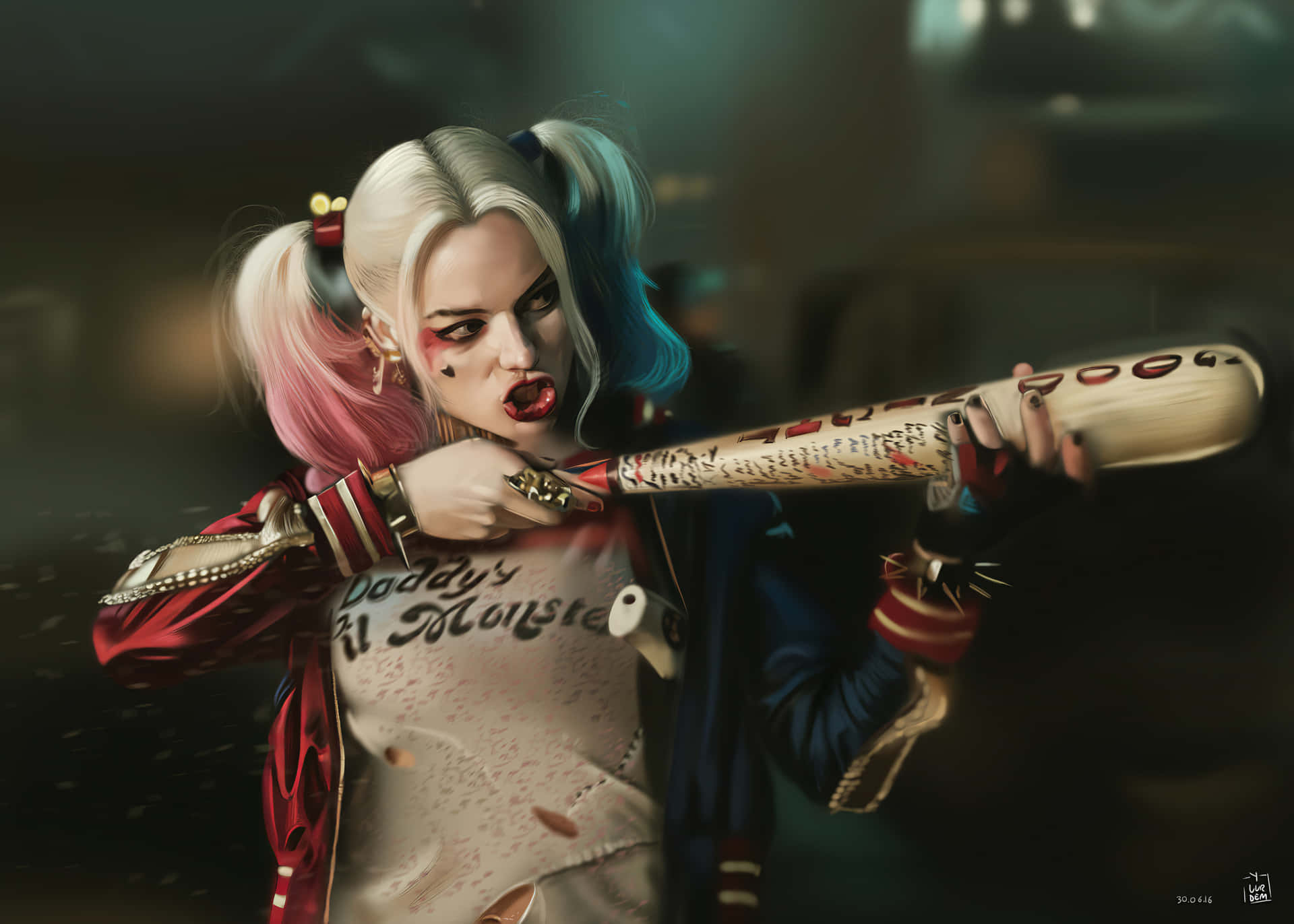Margot Robbie udfører et dristigt udseende som Harley Quinn i Suicide Squad. Wallpaper