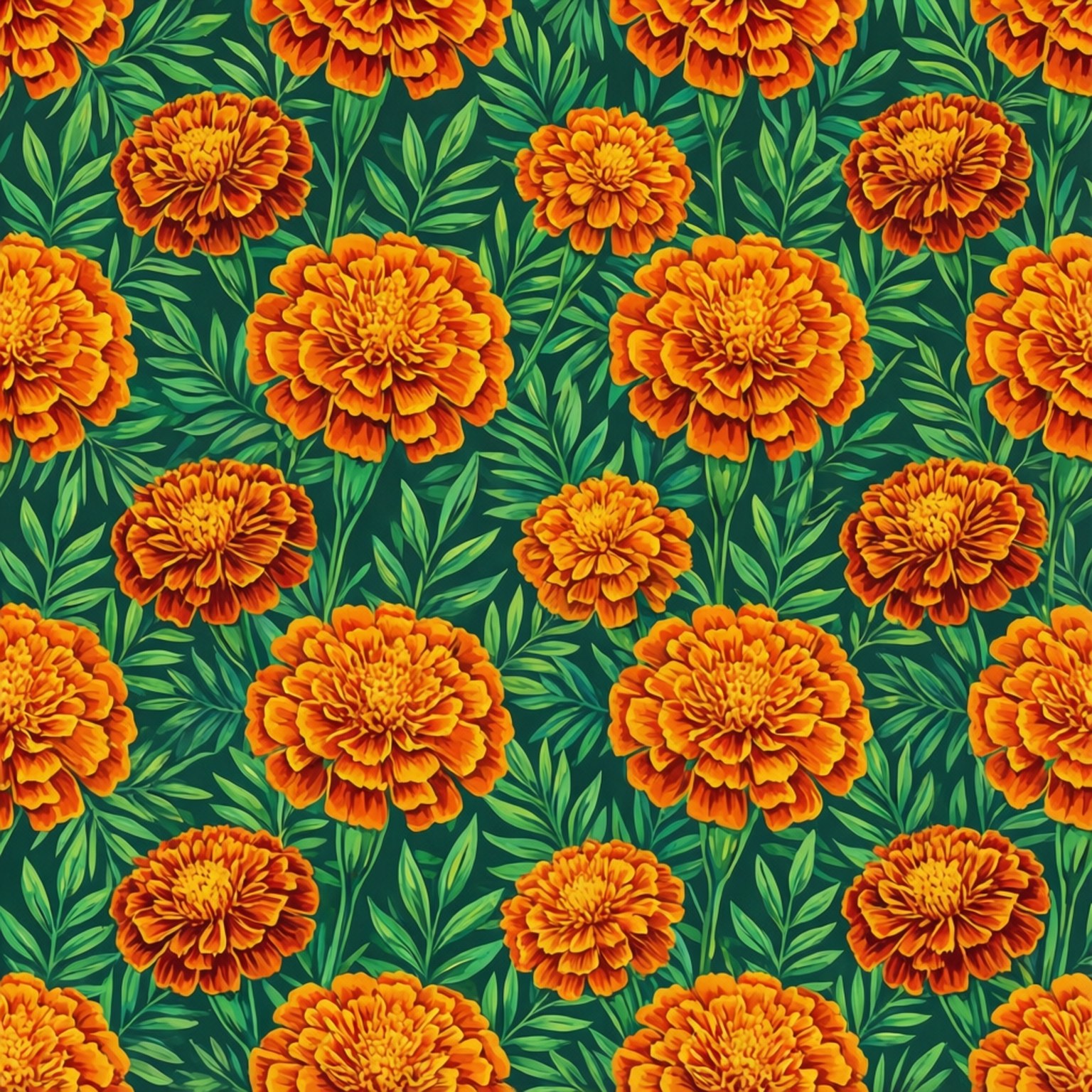 Pola berulang tanpa sambungan dari marigold dalam desain datar.