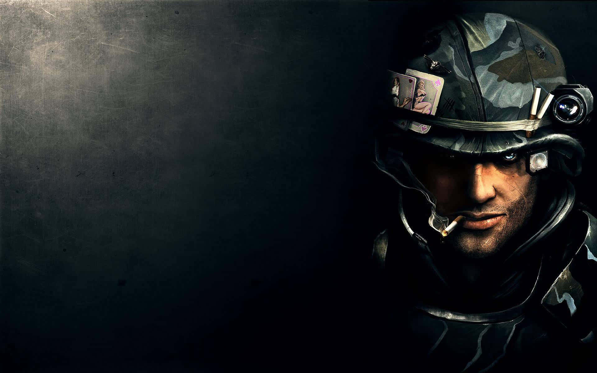 En soldat iført hjelm og mørk baggrund. Wallpaper