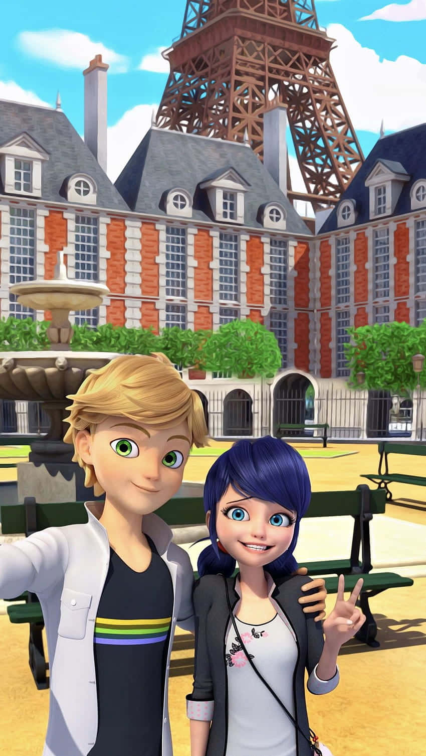 Adrien and Marinette share a magical embrace in Paris. Wallpaper