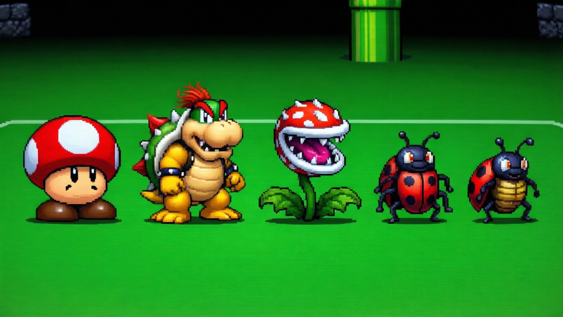 Barisan musuh klasik dari Super Mario Land di lapangan hijau.