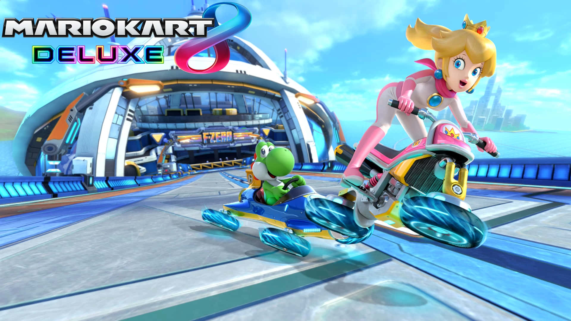 Thrilling Mario Kart 8 Deluxe Race with Iconic Characters Wallpaper