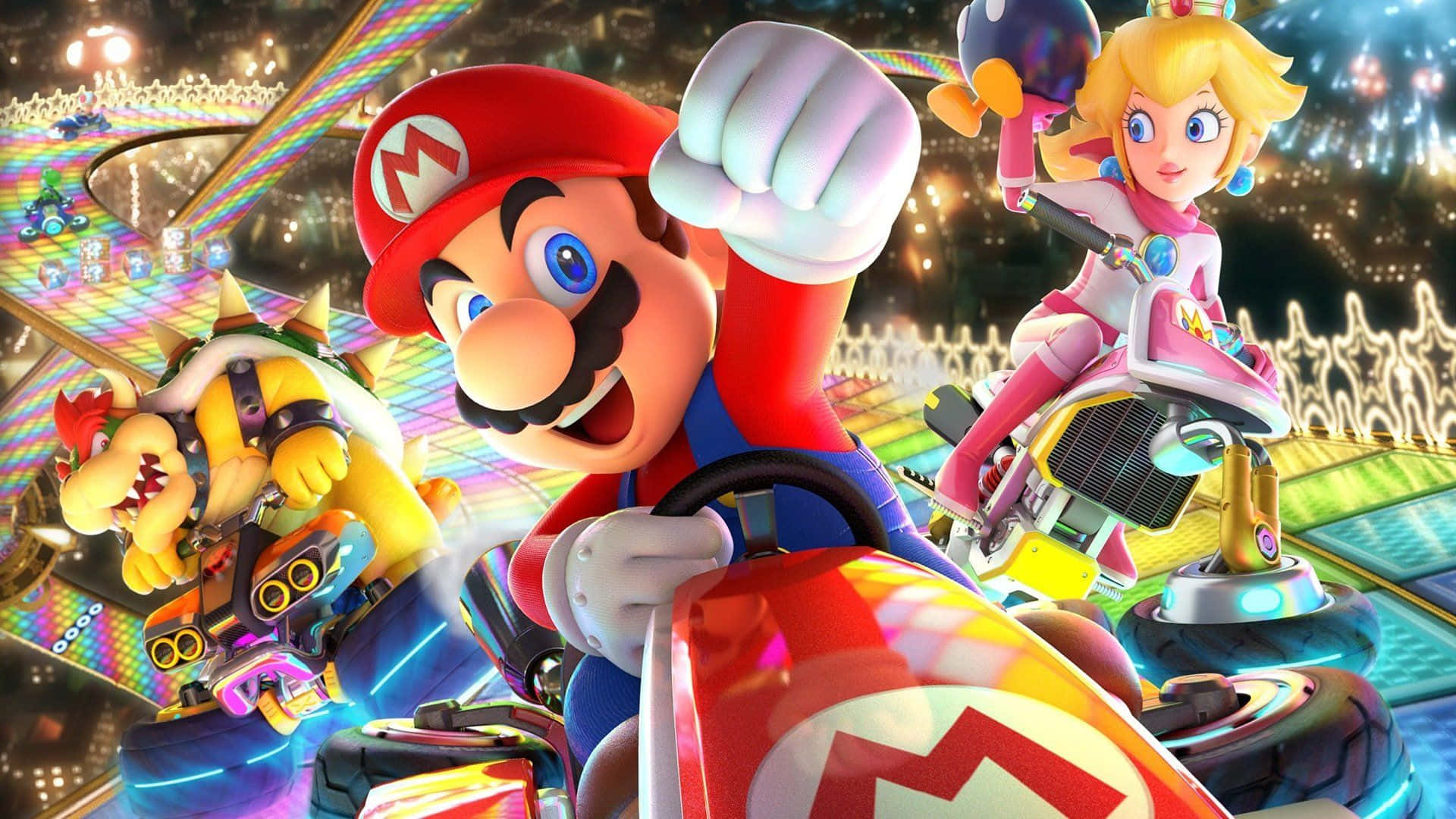 Exciting Mario Kart 8 Deluxe Race on Rainbow Road Wallpaper