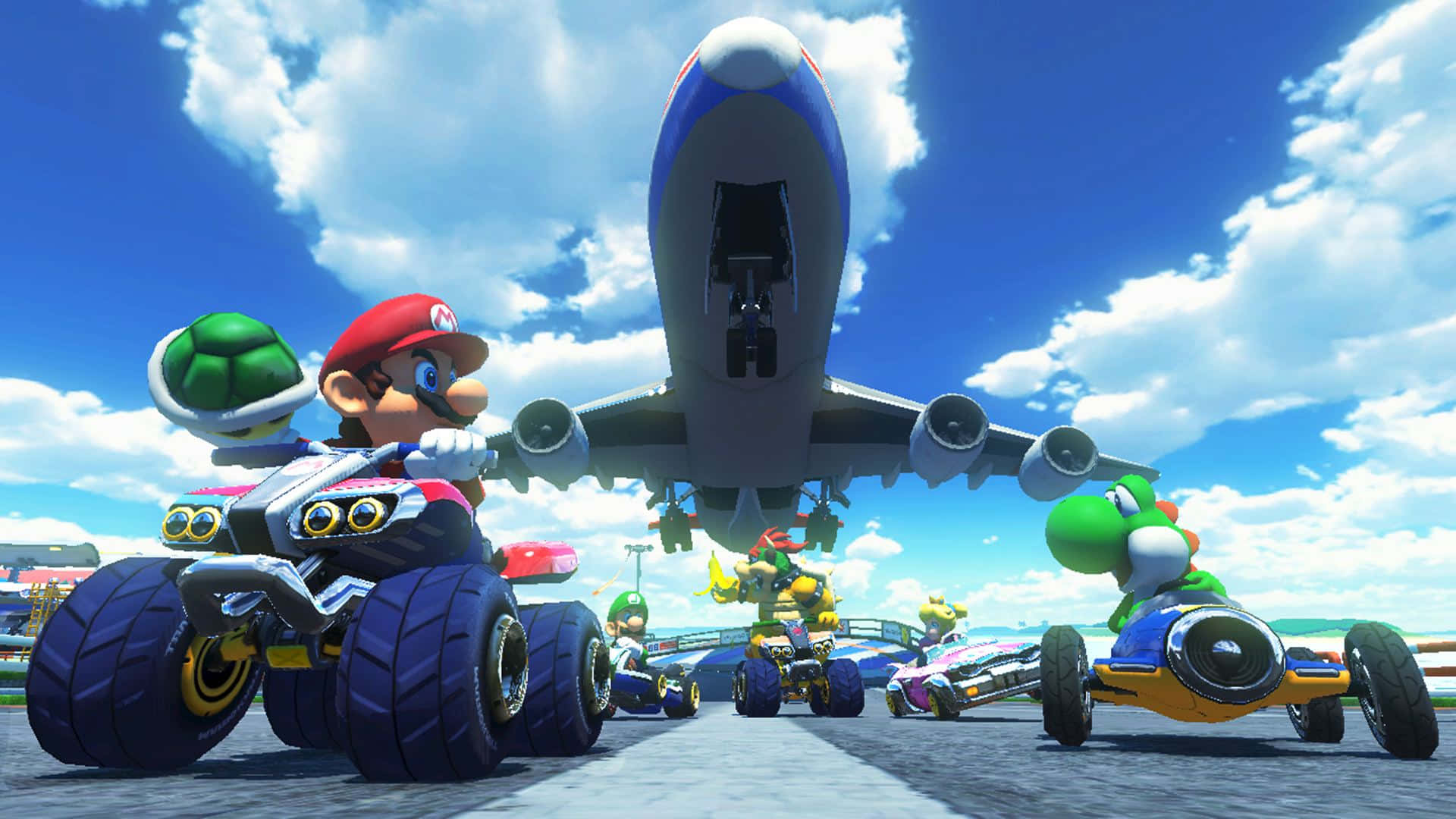 Exciting Race in Mario Kart 8 Deluxe Wallpaper