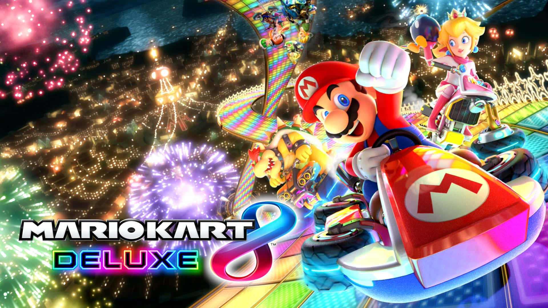Mario Kart 8 Deluxe racers in action on a thrilling track Wallpaper