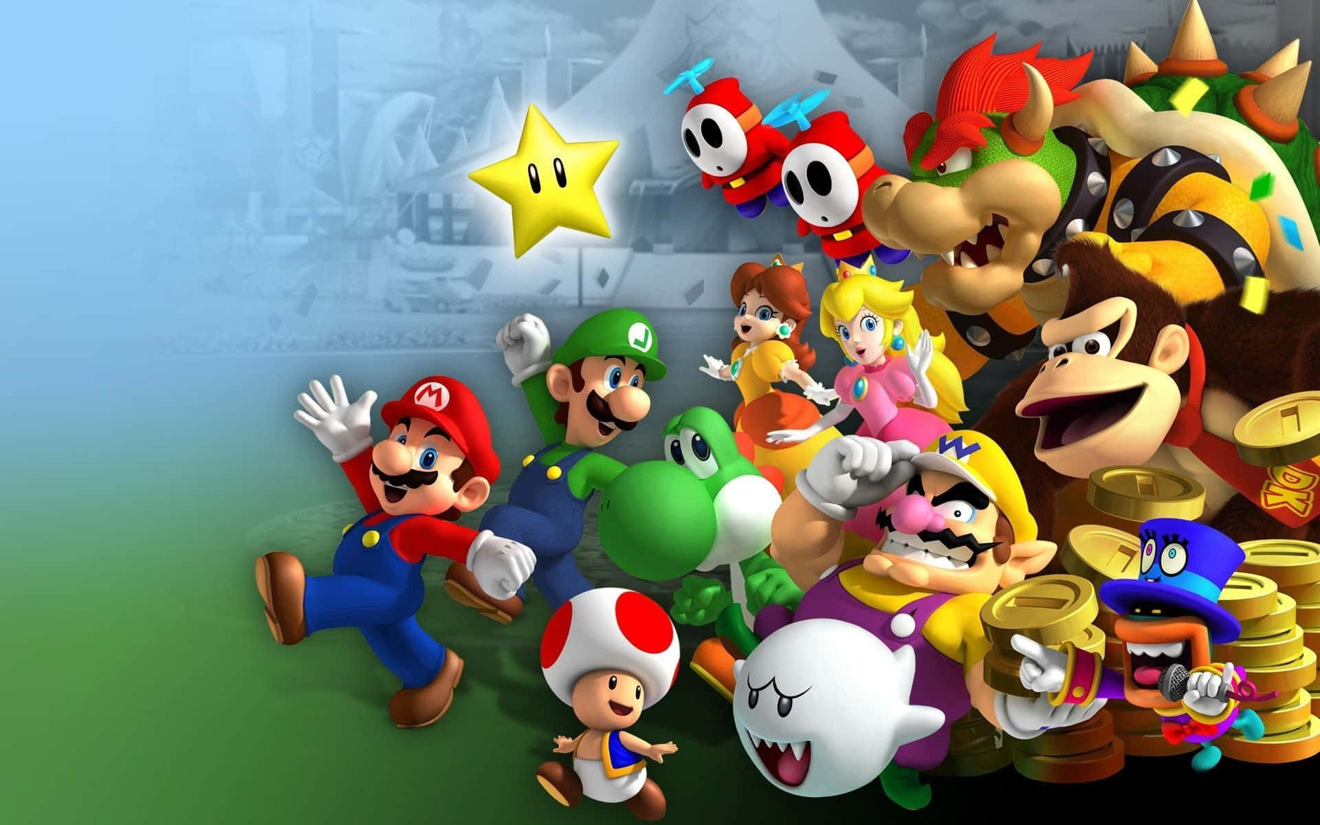 Engruppe Af Nintendo-karakterer Poserer Til Et Billede.