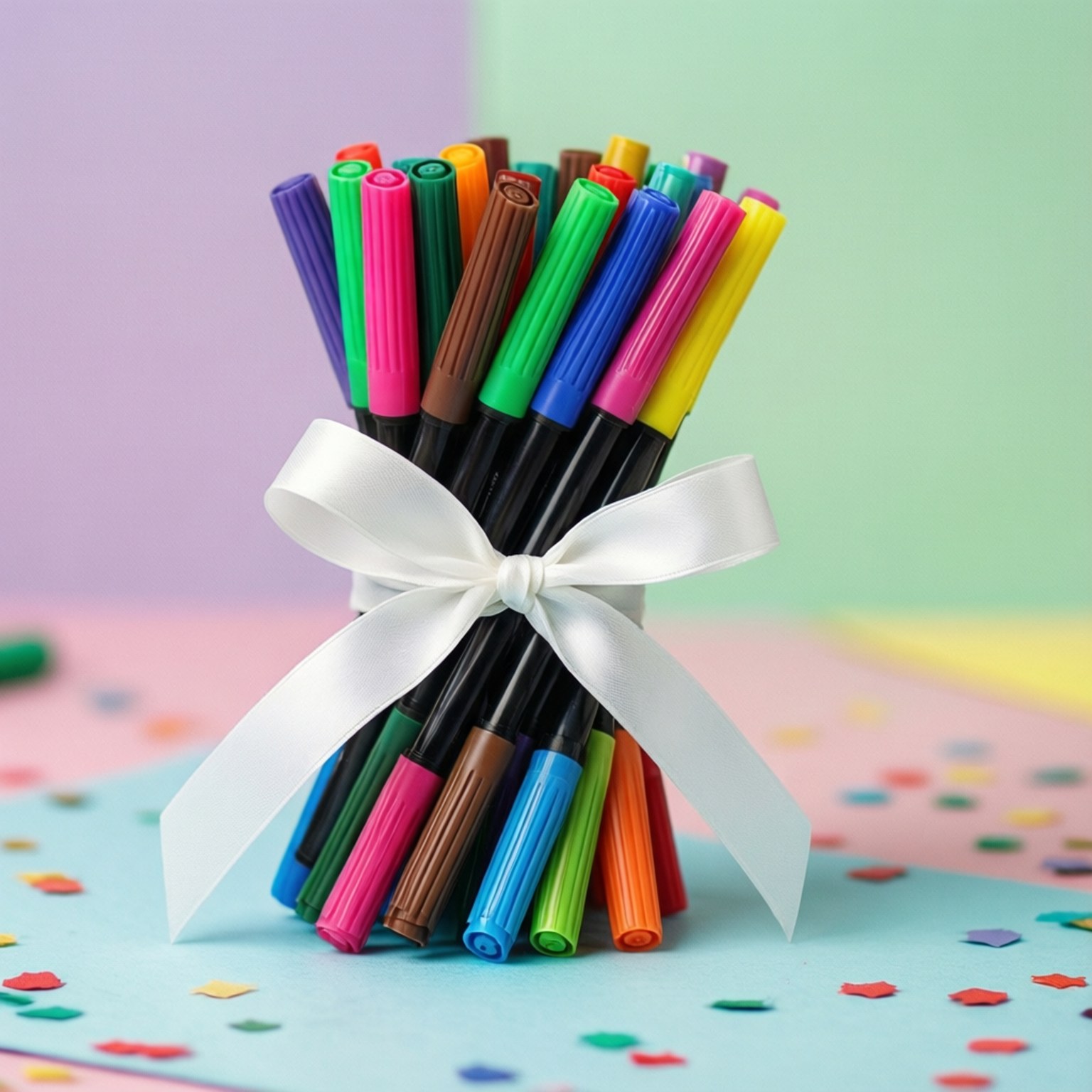 Spidol papan tulis warna-warni diikat dengan pita sebagai hadiah di latar belakang pastel.