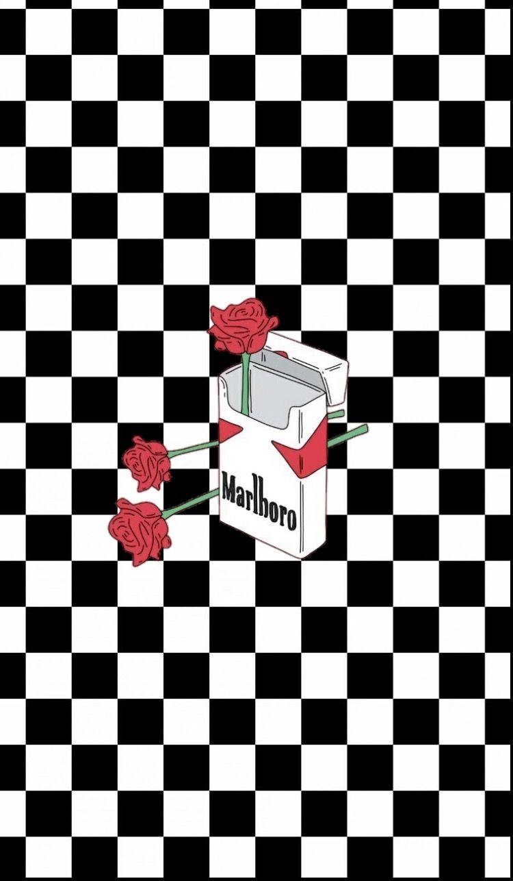 Marlboro And Roses On Black And White Squares Pattern Wallpaper
