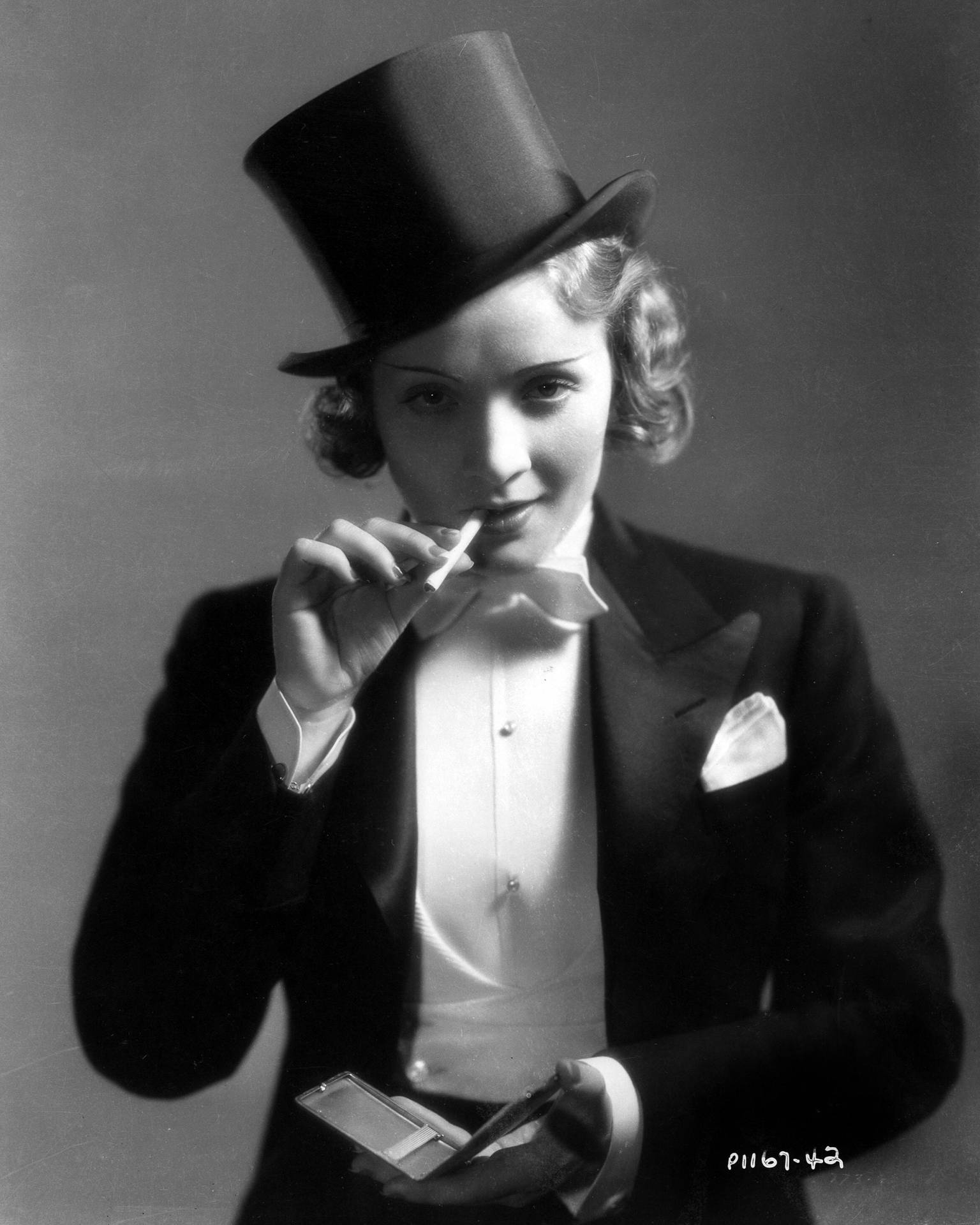 "Elegant Marlene Dietrich in a Classic Suit and Top Hat" Wallpaper
