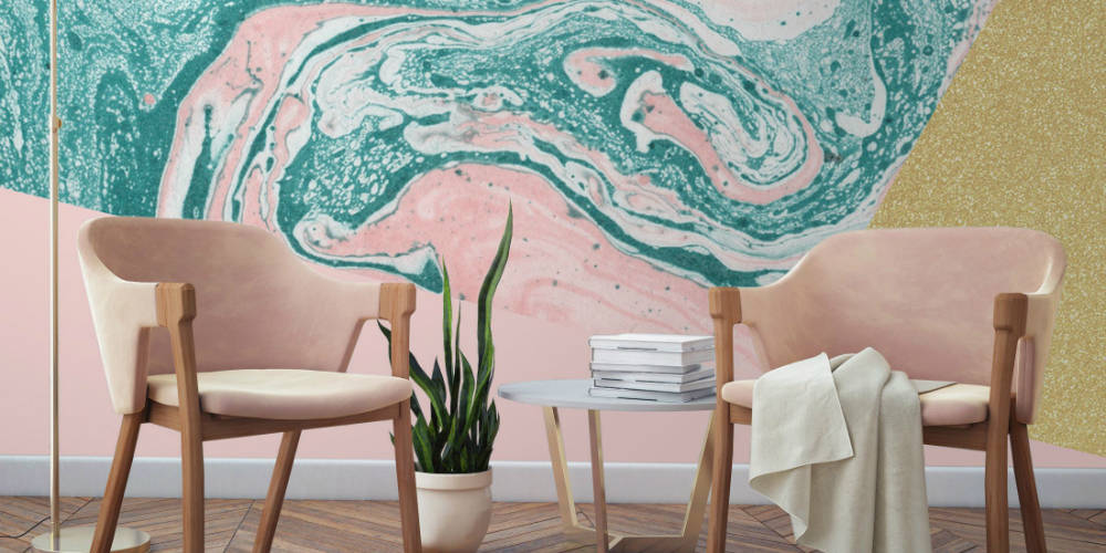 Marmor Pink Og Blå Væg Med Stole Wallpaper
