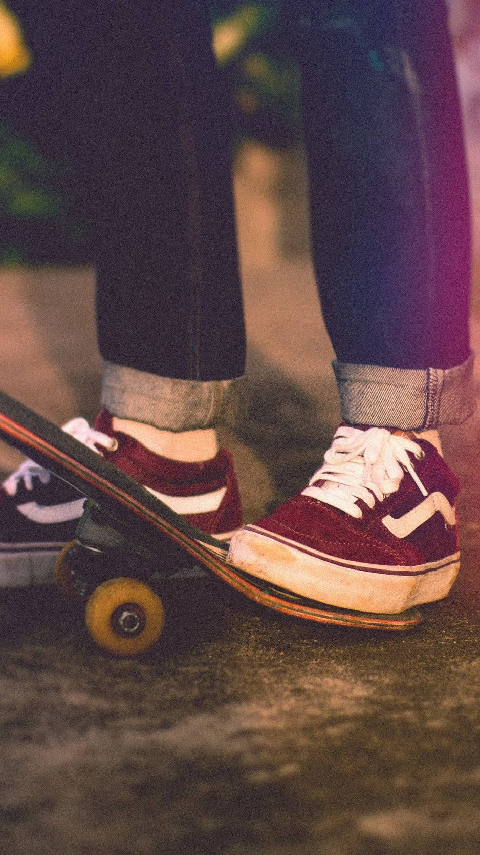 Maroon Vans Shoes With Skateboard Iphone Background