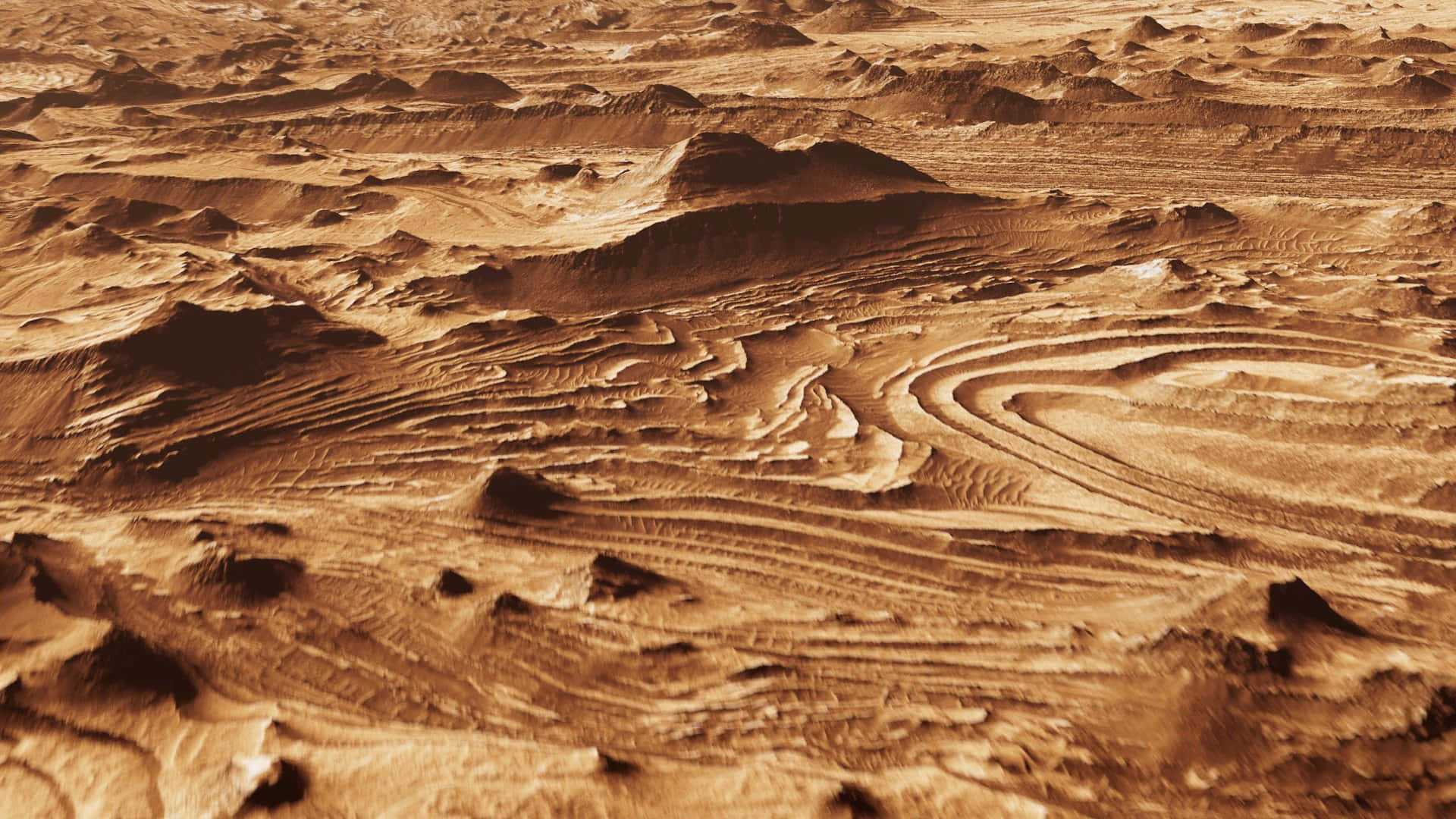 Spectacular Mars Landscape featuring towering mountains and vast valley Wallpaper