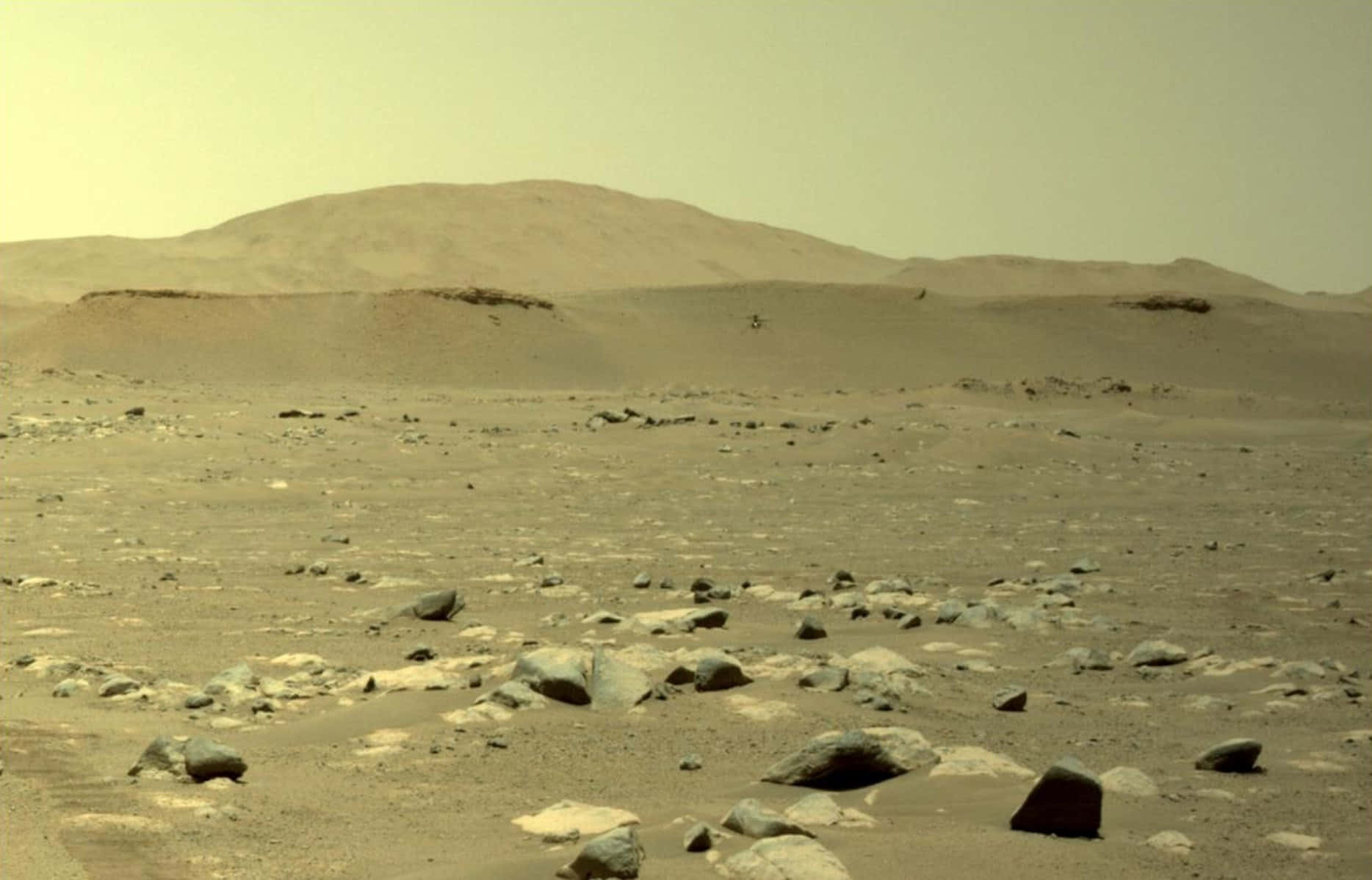 En udsigt over det klippefyldte landskab på Mars