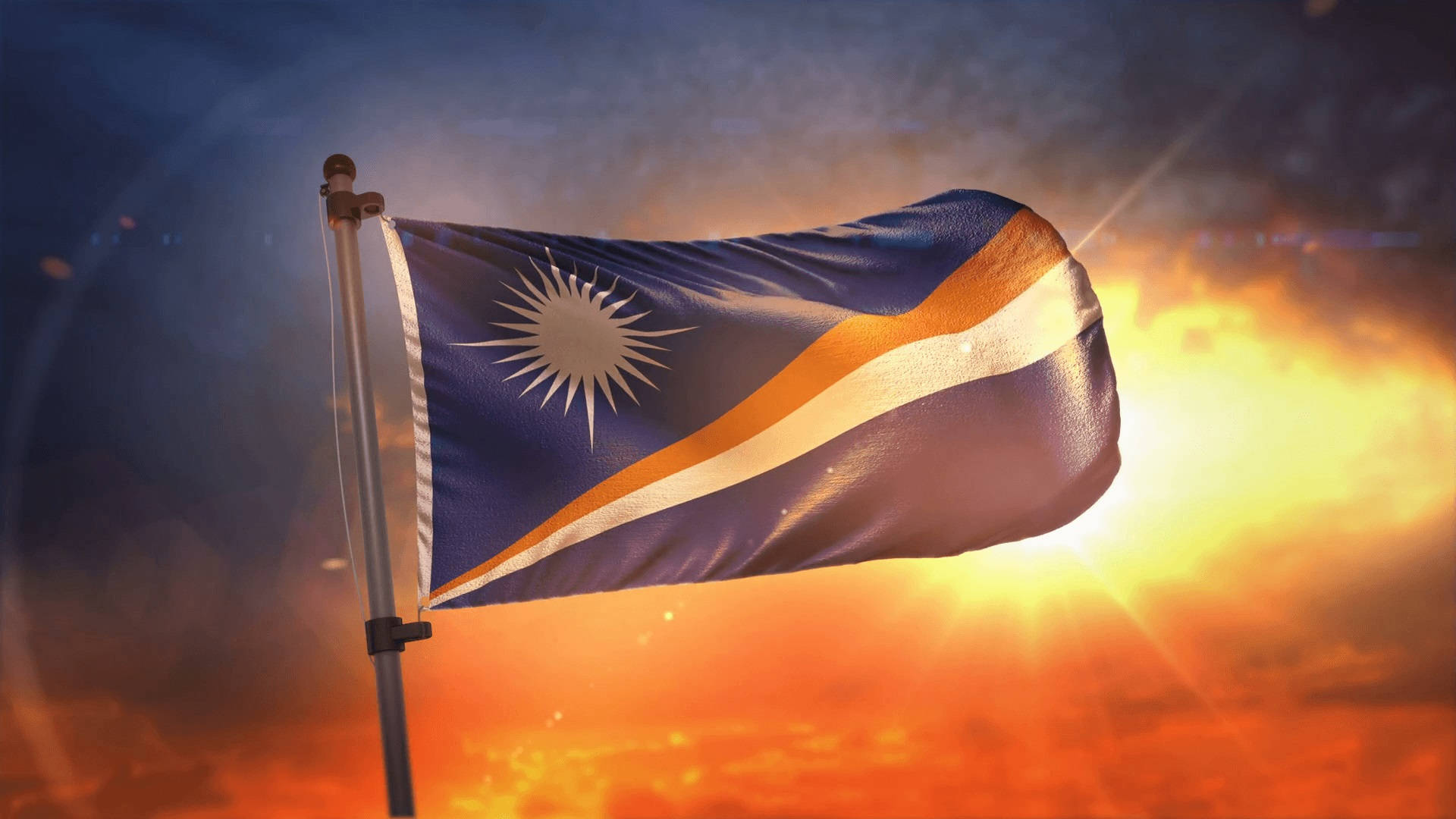 Marshalløernes Flag Vinker Ved Solnedgang Wallpaper