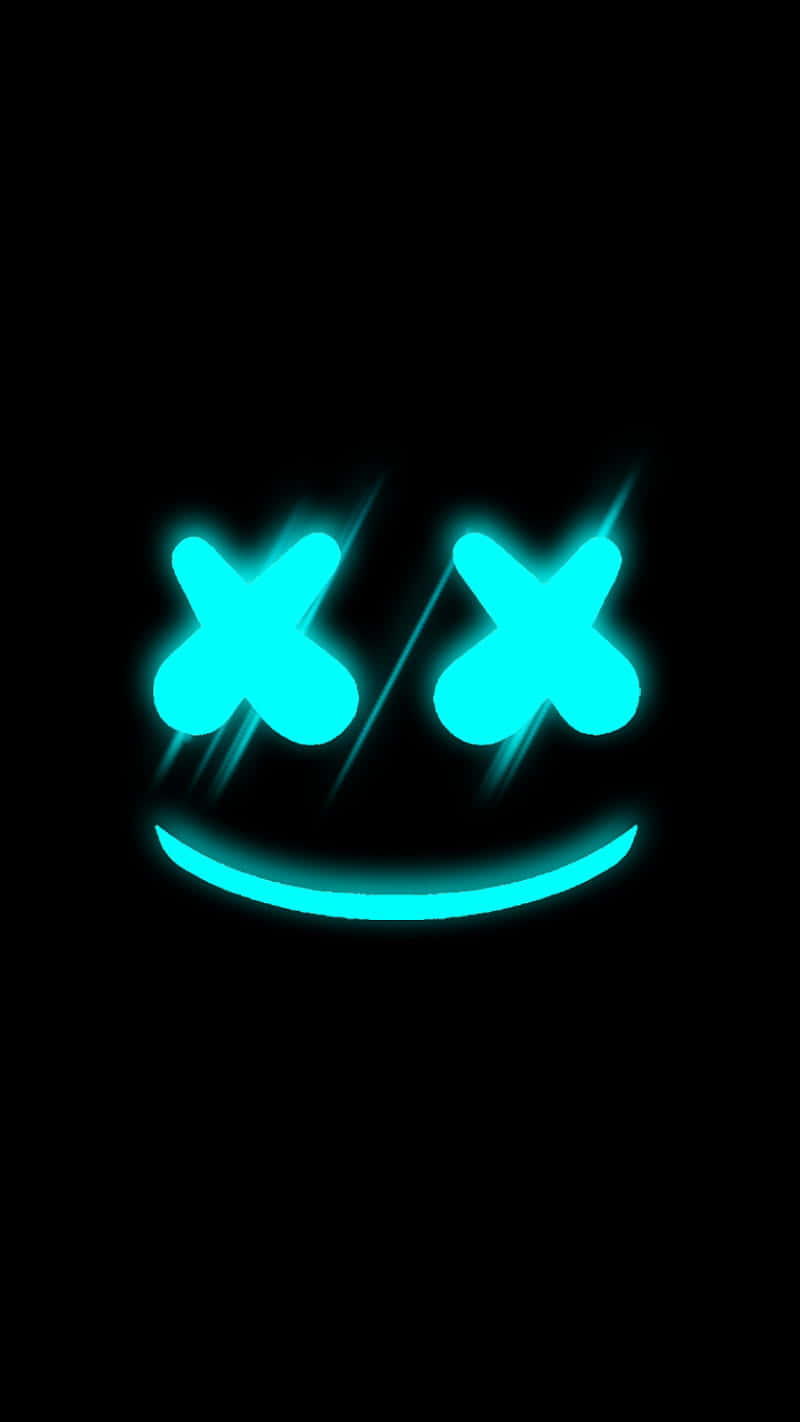 A Neon Blue Face With Crossed Eyes On A Black Background Wallpaper