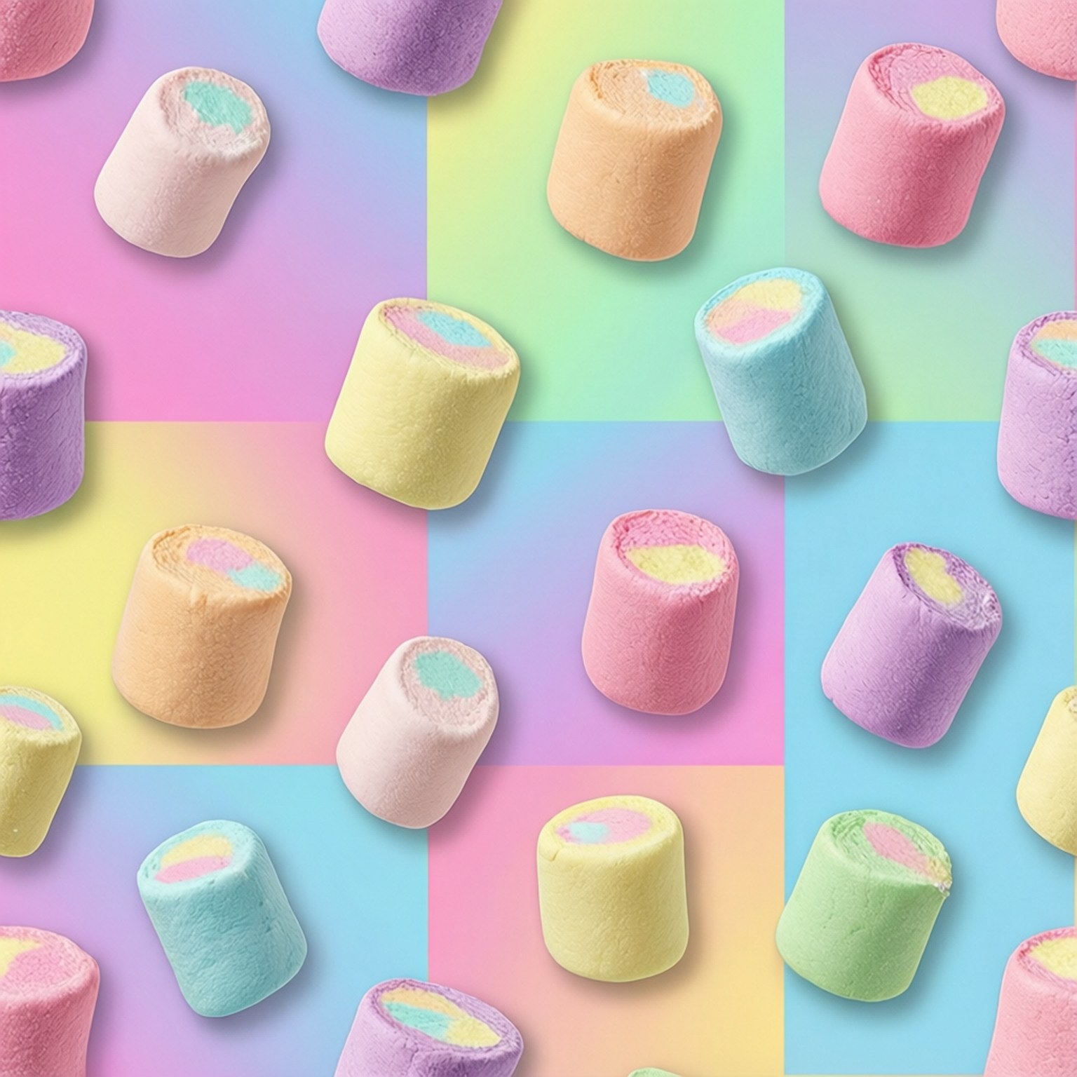 Colorful marshmallows with rainbow centers on a pastel geometric pattern.