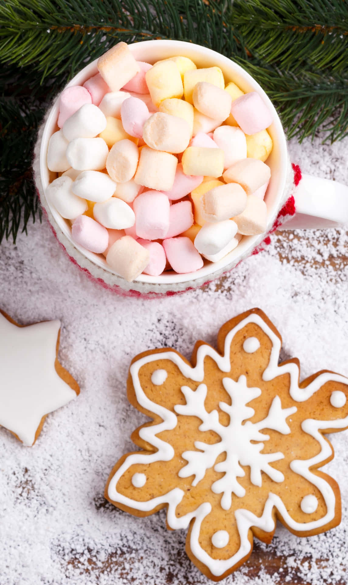 Einetasse Heiße Schokolade Mit Marshmallows Und Schneeflocken Wallpaper