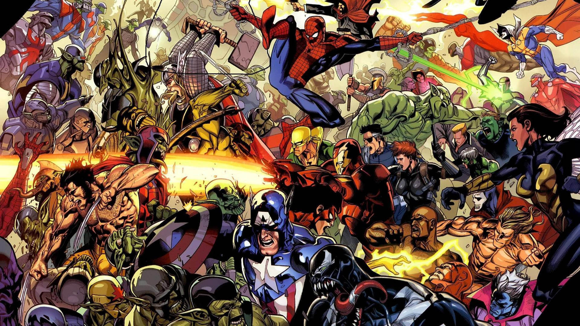 Marvel superheroes and villain in one comic background.