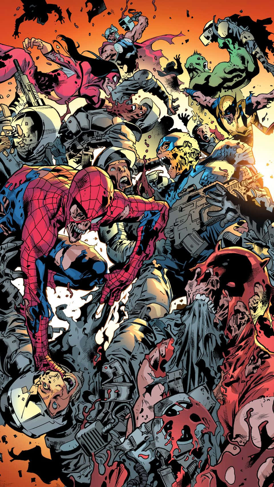 Spider-Man og hans venner kæmper i tegneserien. Wallpaper