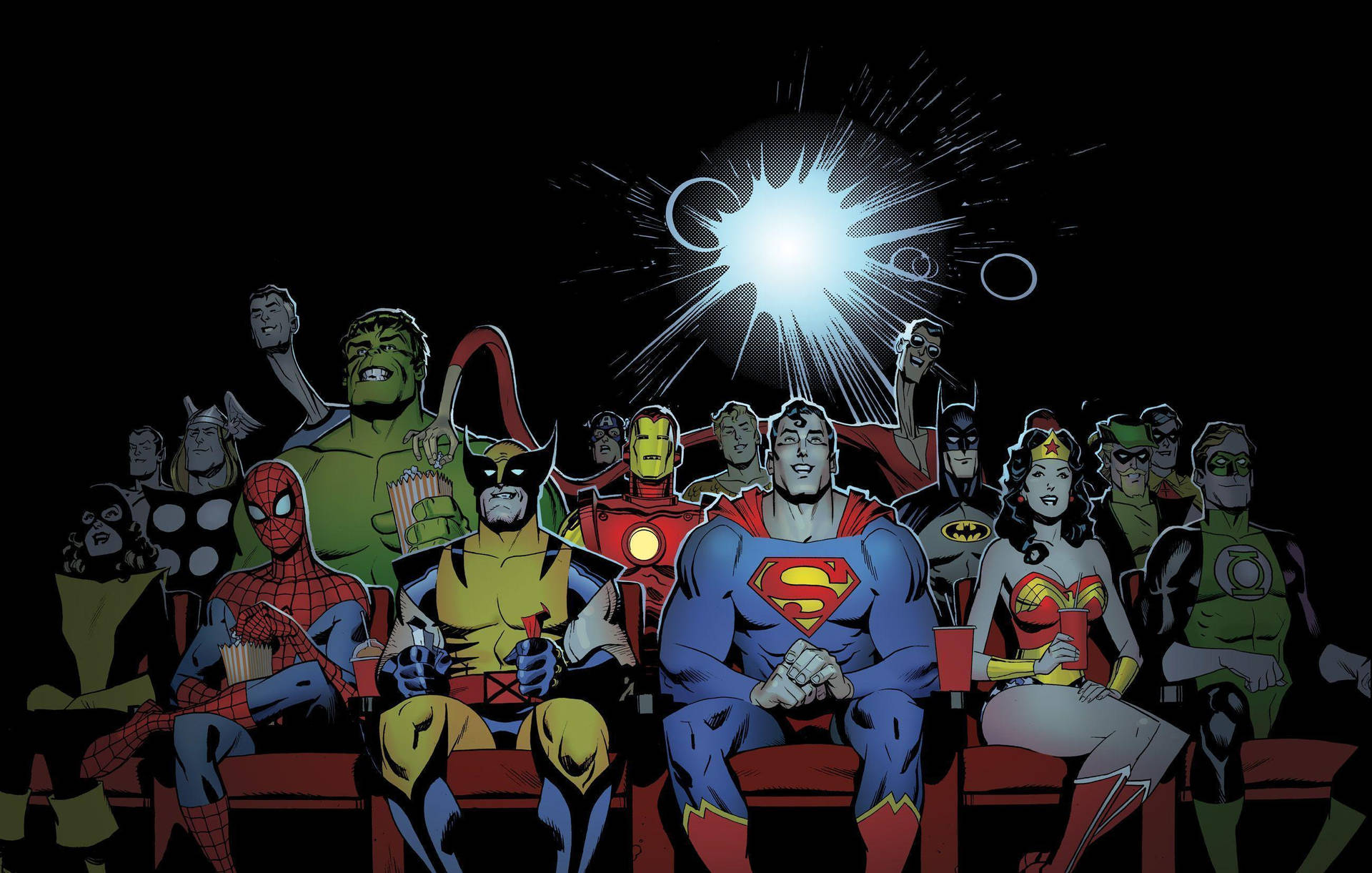 Marvel og DC superhelte i biografscene tapet. Wallpaper
