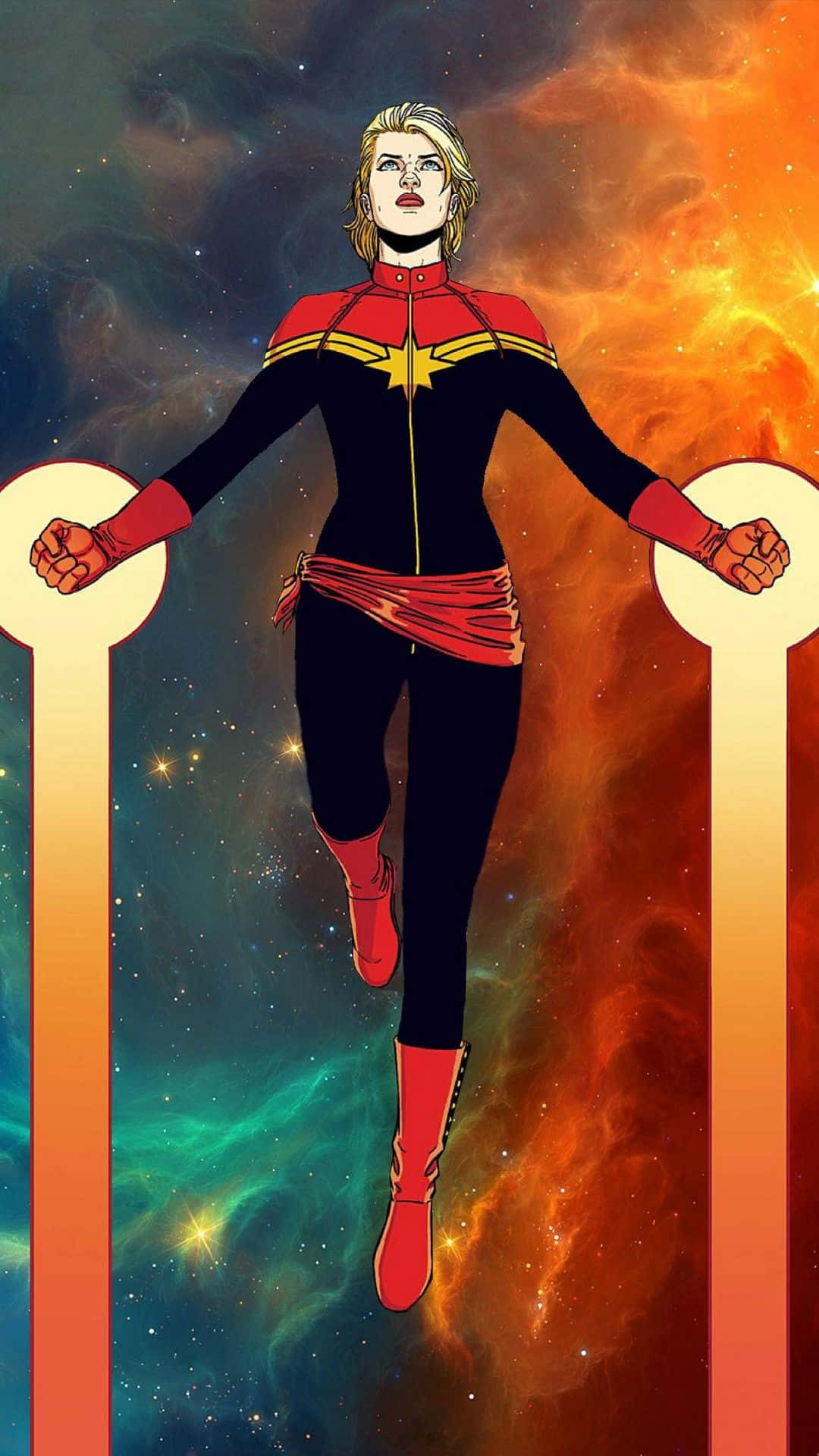 Captain Marvel In Space With A Red And Black Background Wallpaper