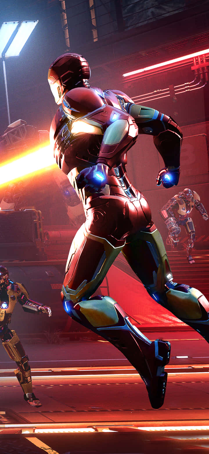 En scene fra et videospil med Iron Man og en mand i jakkesæt. Wallpaper