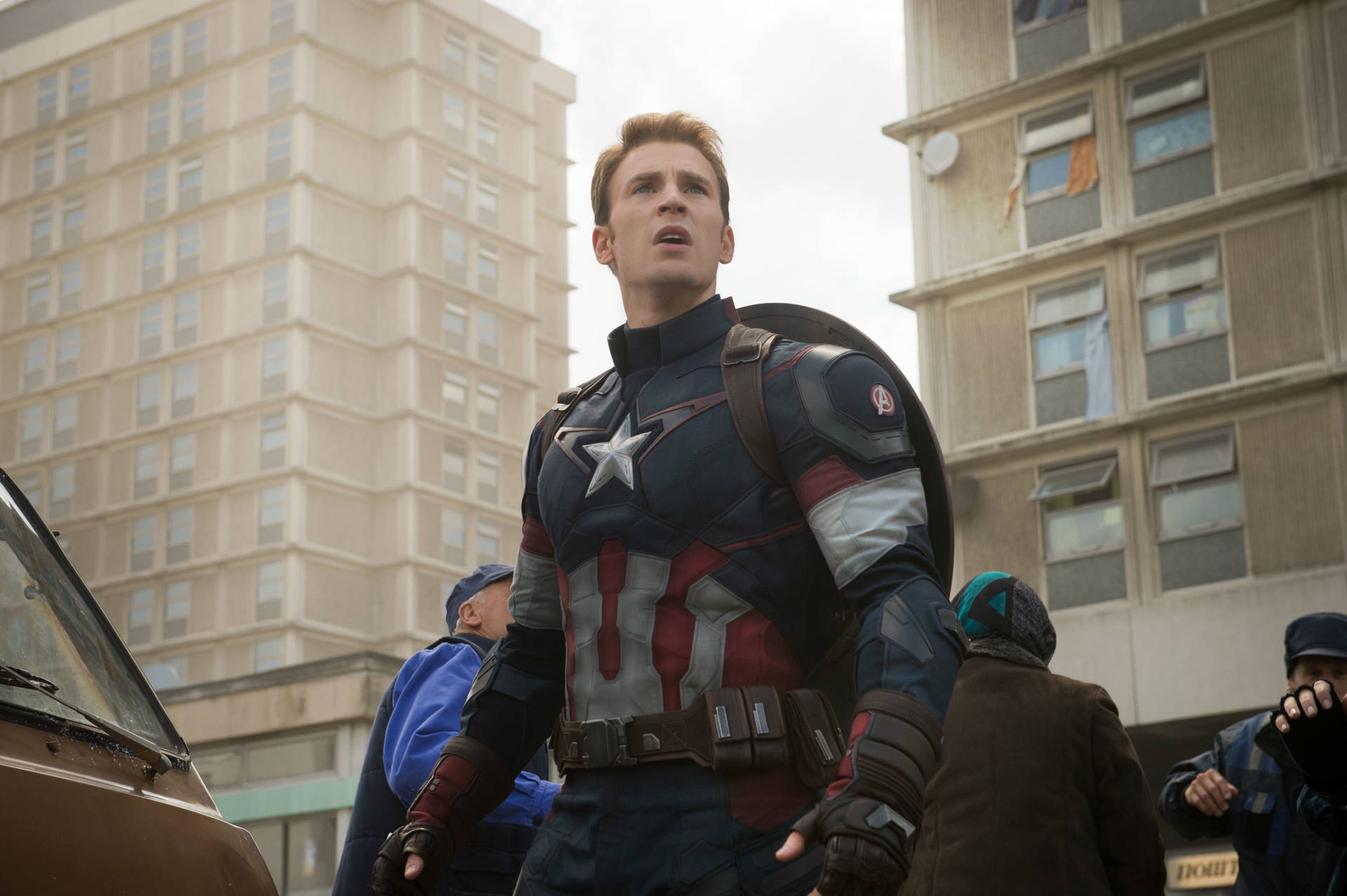 The iconic Marvel hero, Captain America prepared for action. Wallpaper