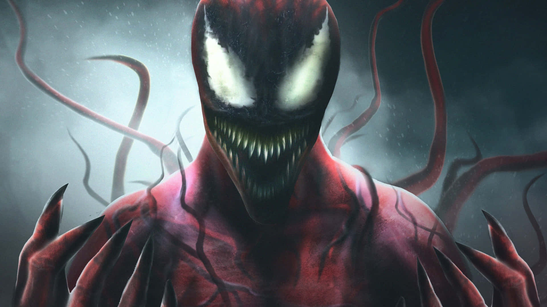 Venom er en rød og sort karakter med en stor mund. Wallpaper