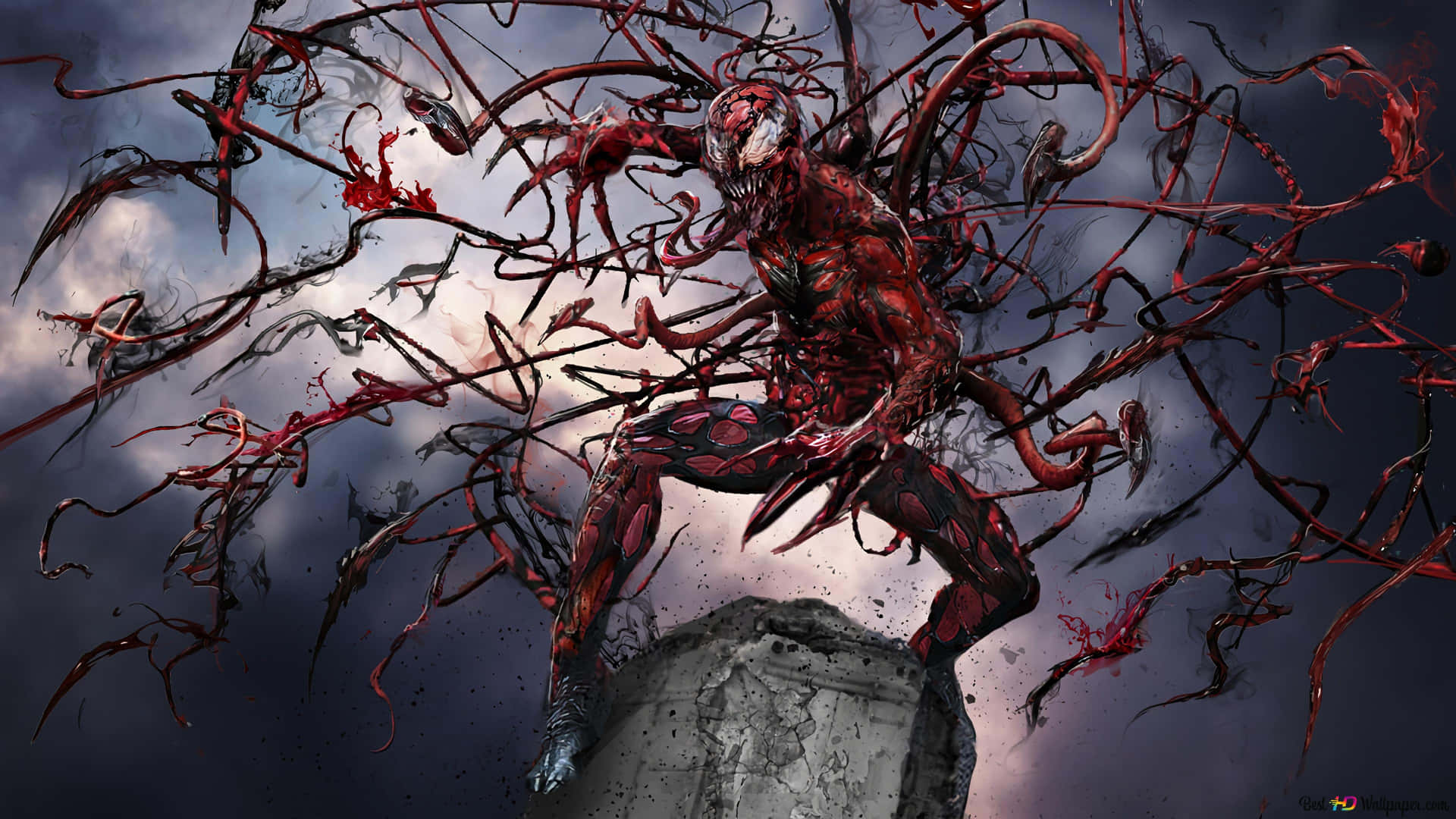 Carnage, the macabre Marvel supervillain in a menacing stance. Wallpaper