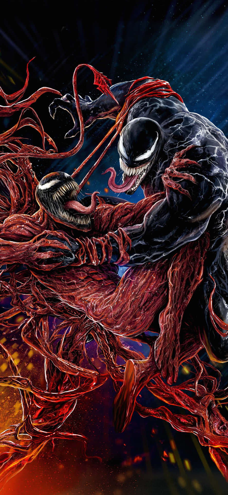Venom kæmper med et rødt-farvet væsen Wallpaper