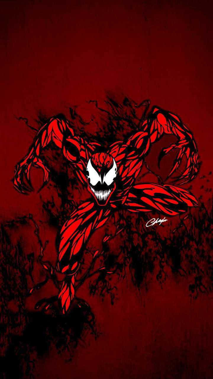 Et rød og sort Venom-mand flyver i luften Wallpaper