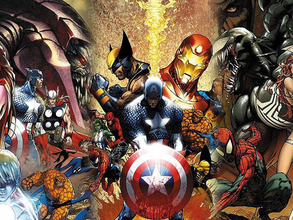 Marvel heroes all in one comics with villain characters.