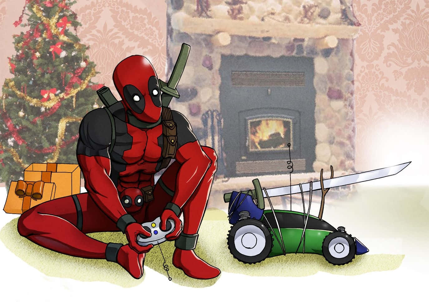 Marvel Christmas Deadpool Playing Wallpaper
