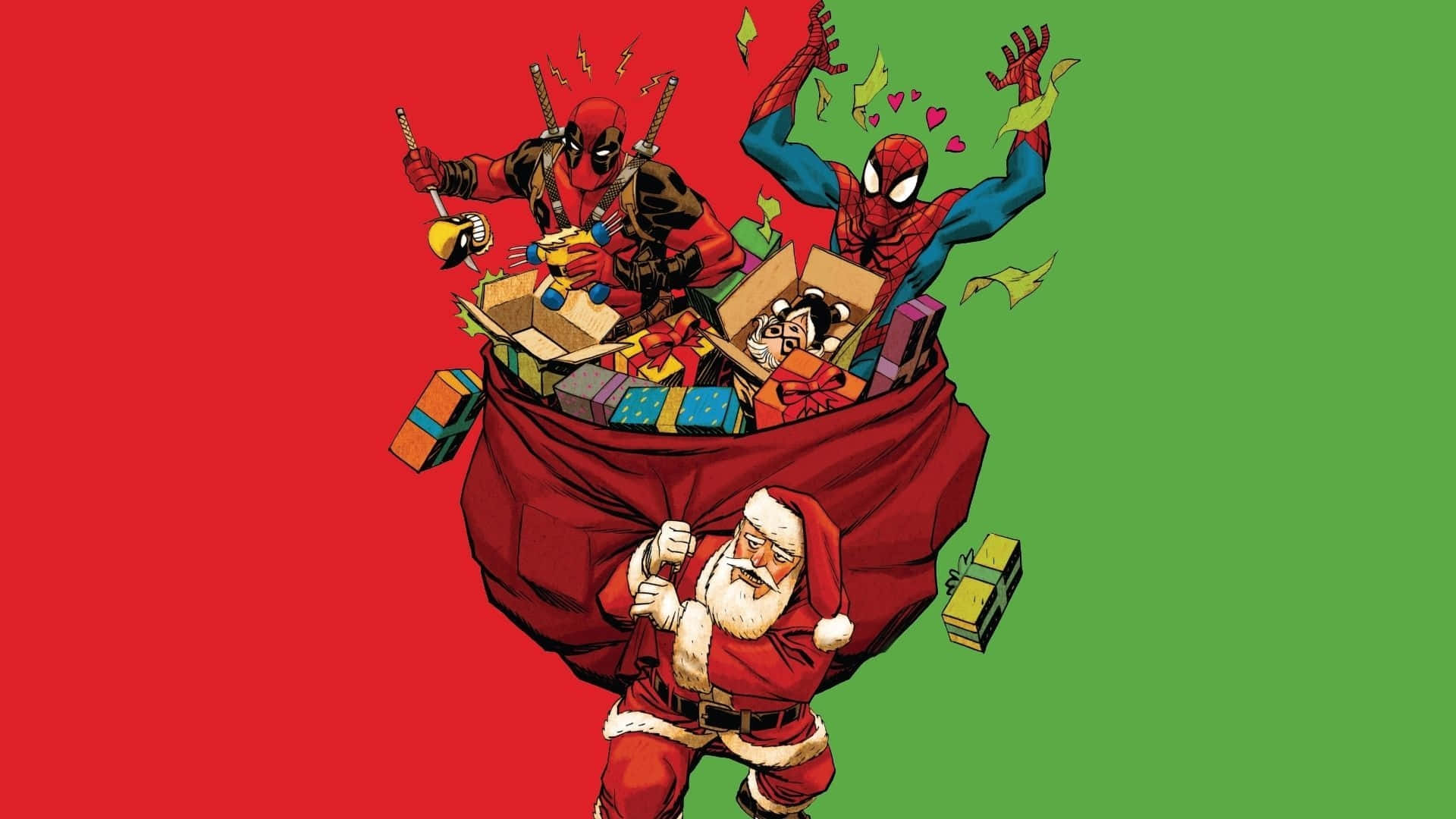 Marvelspiderman E Deadpool Santa Di Natale Sfondo