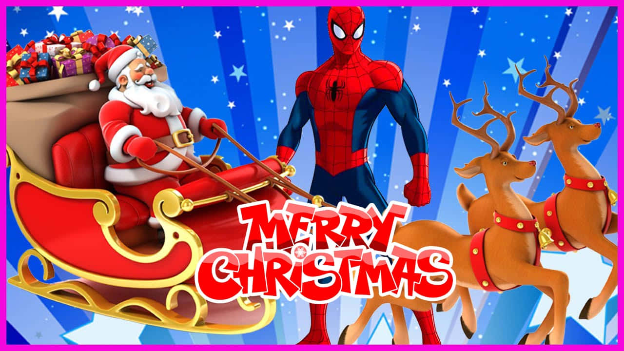 Spidermande Marvel En Navidad Con Papá Noel Y Los Renos Fondo de pantalla