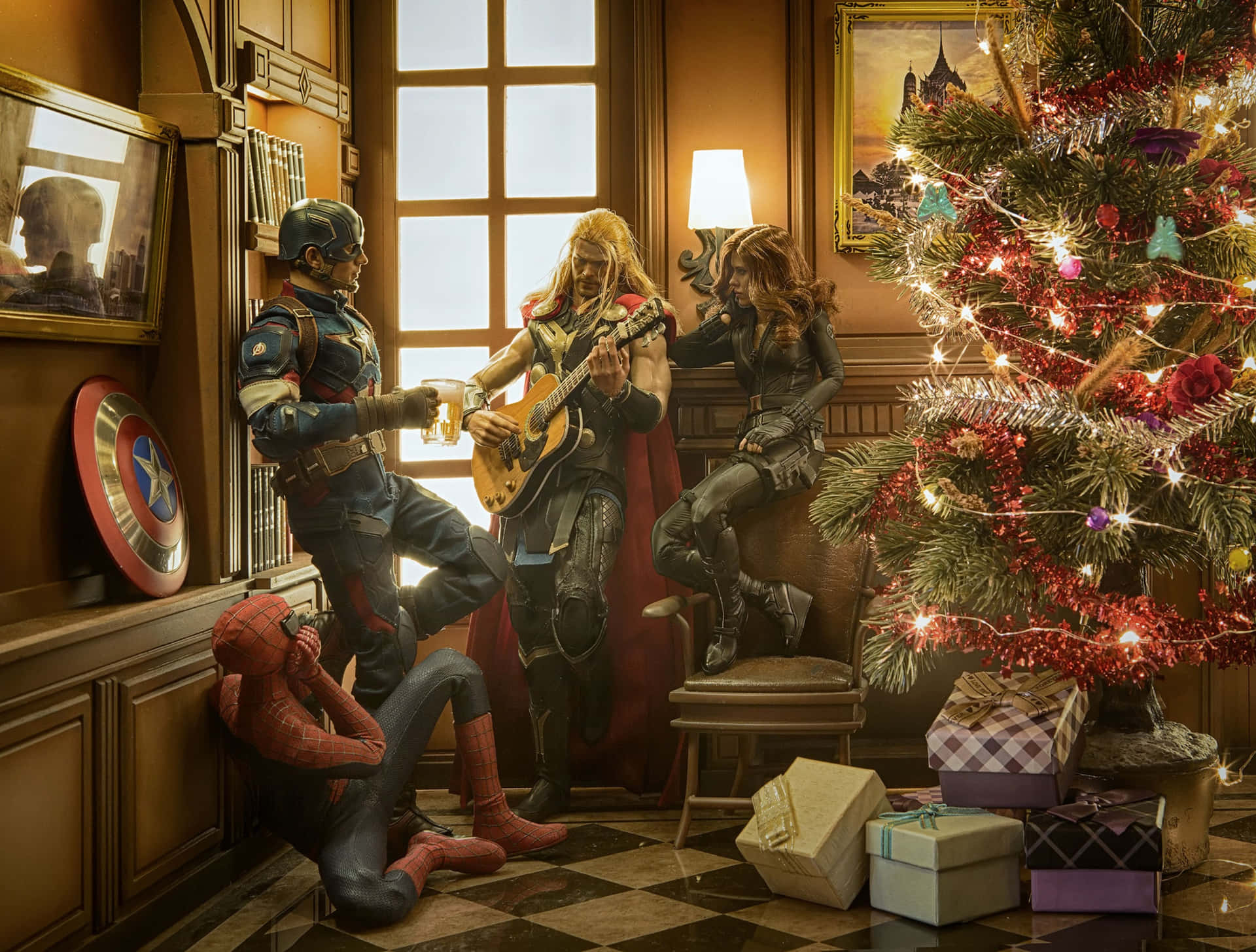 Marvel Christmas Tree Superheroes Wallpaper