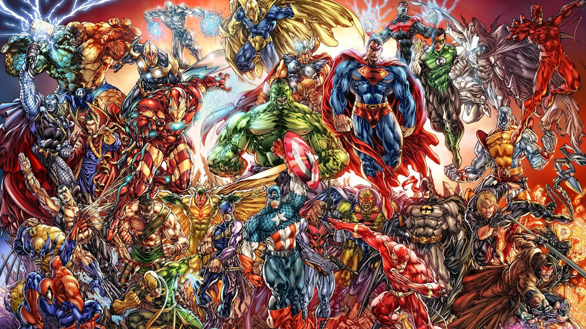 A Group Of Superheroes In A Red Background Wallpaper
