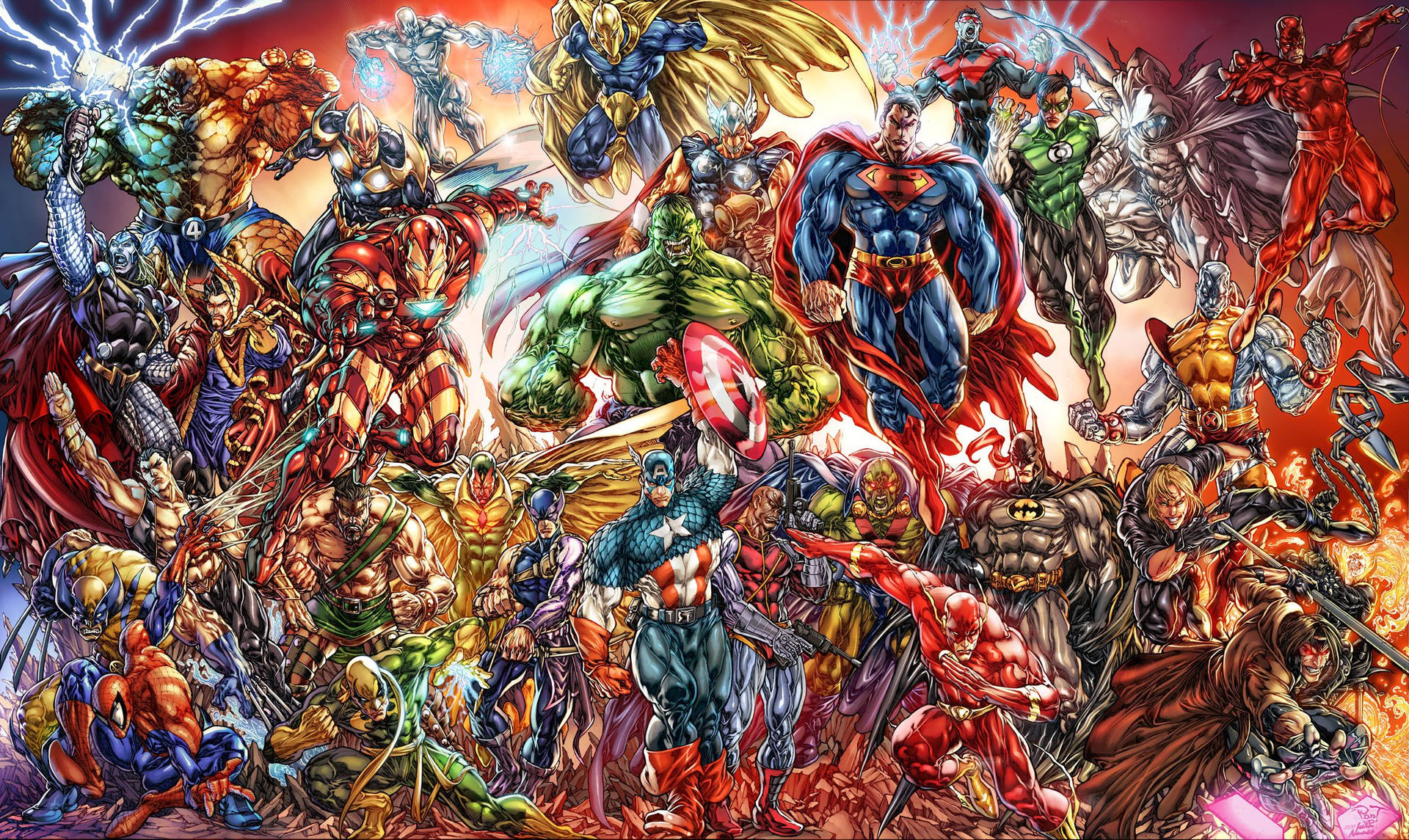 Marvel Comics in bright colors and glowing drawing.