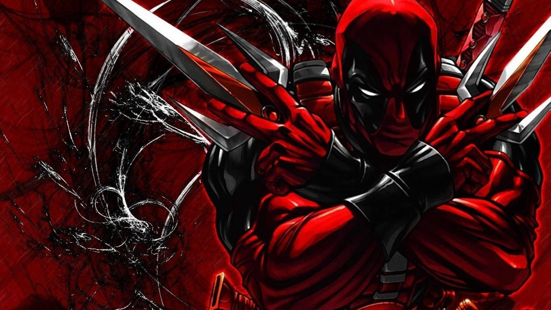 Marvel Deadpool with sharp weapon.