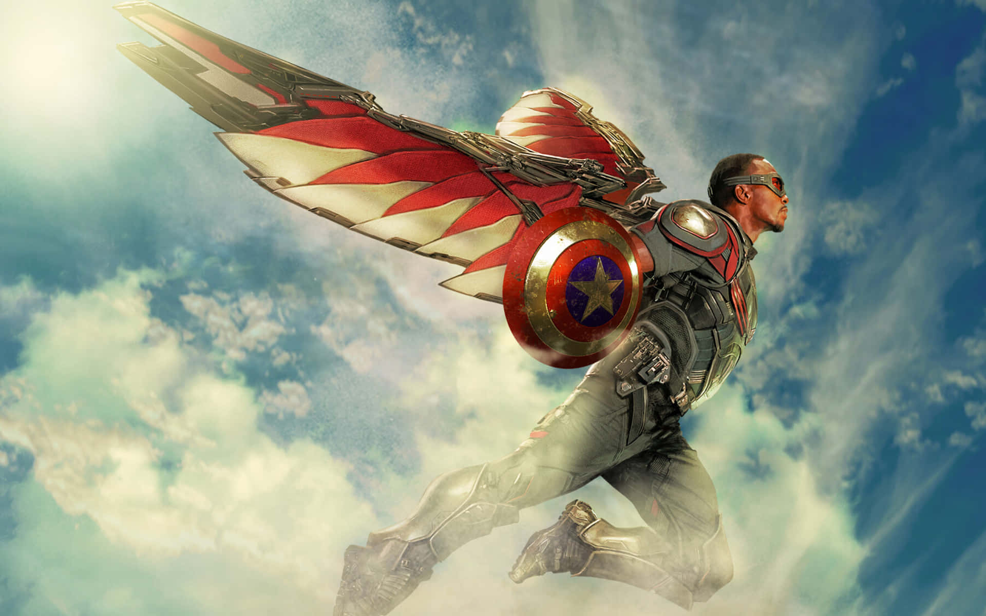 Marvel Falcon logoet flyver over en dynamisk farvepalet. Wallpaper
