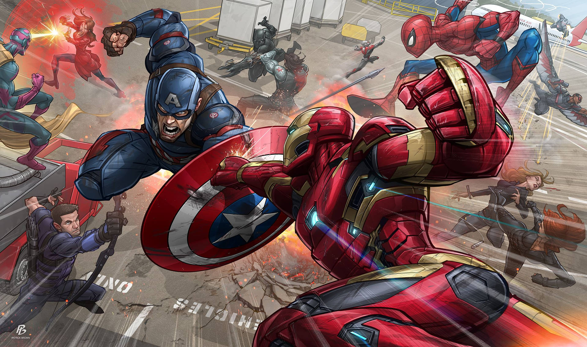 Marvel superheroes captain America and Iron Man fighting.