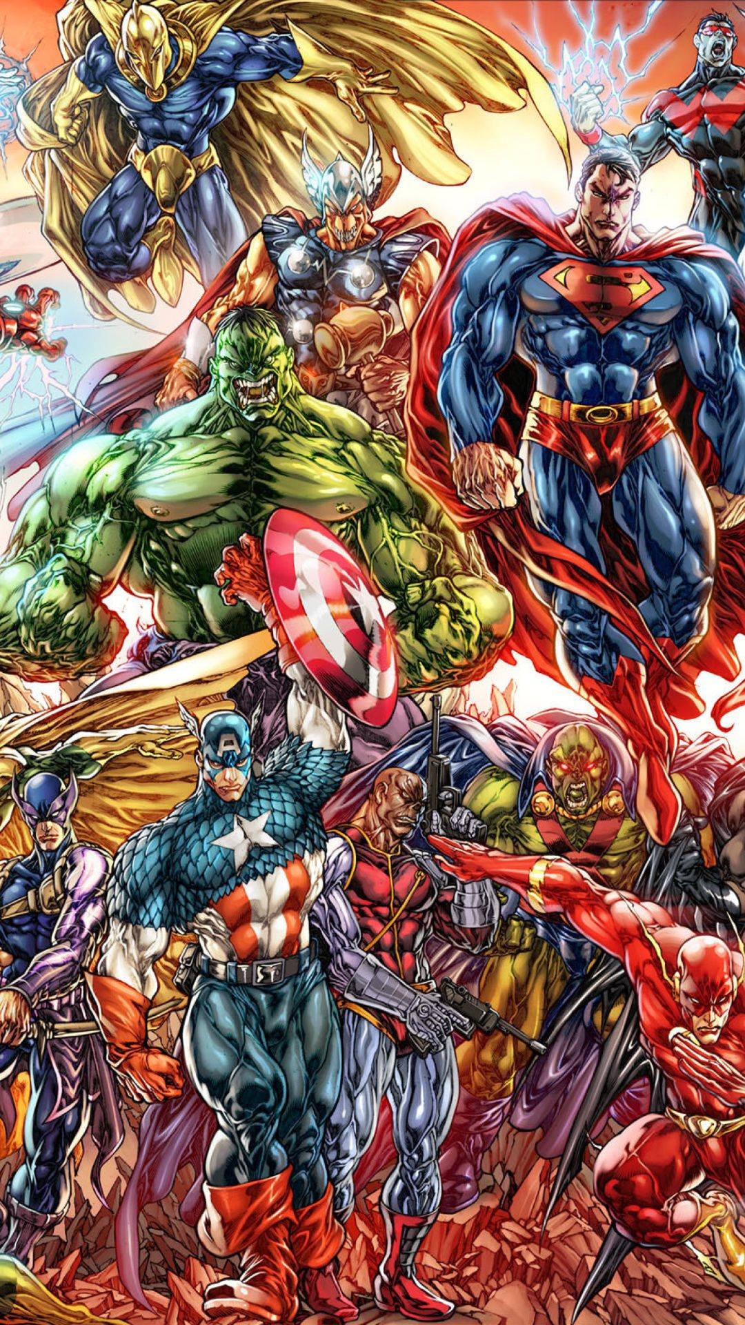 Marvel comics colorful background with heroes and villains.
