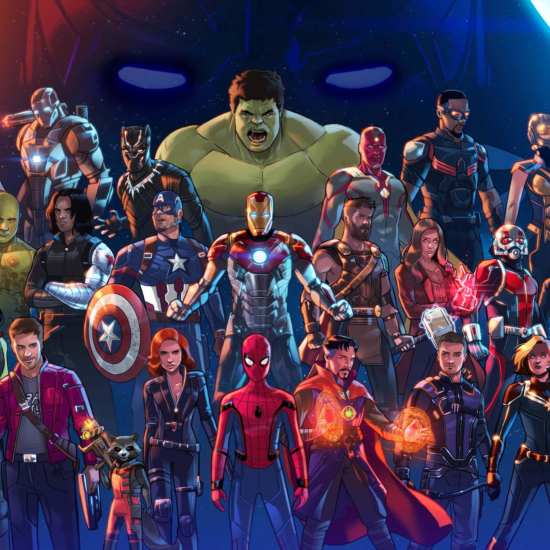 Download Avengers Characters Standing In Front Of A Blue Background  Wallpaper | Wallpapers.com